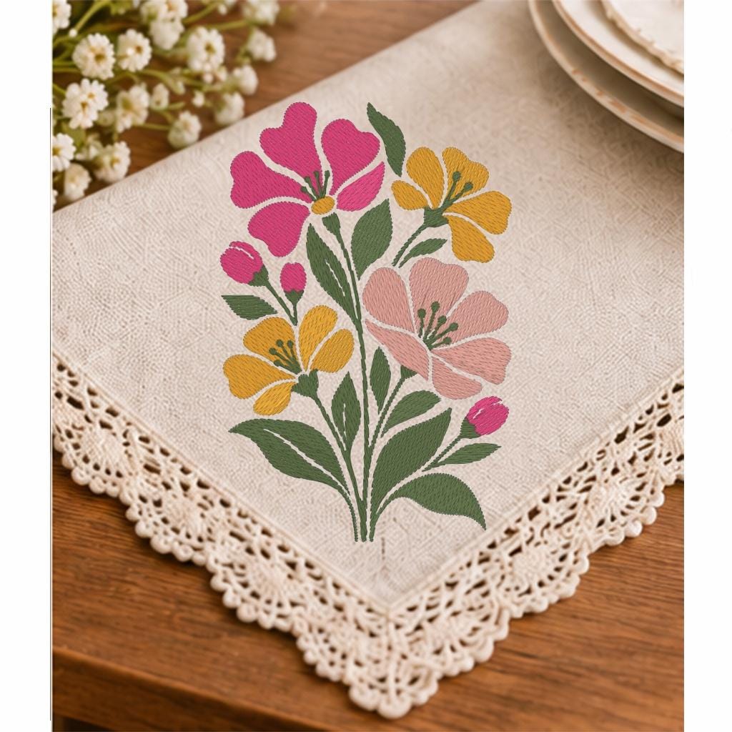 Wildflower Machine Embroidery Design, Pink Yellow Floral Bouquet, Minimalist Boho Spring Flowers PES DST JEF, Instant Download - NuttyHappyHobby