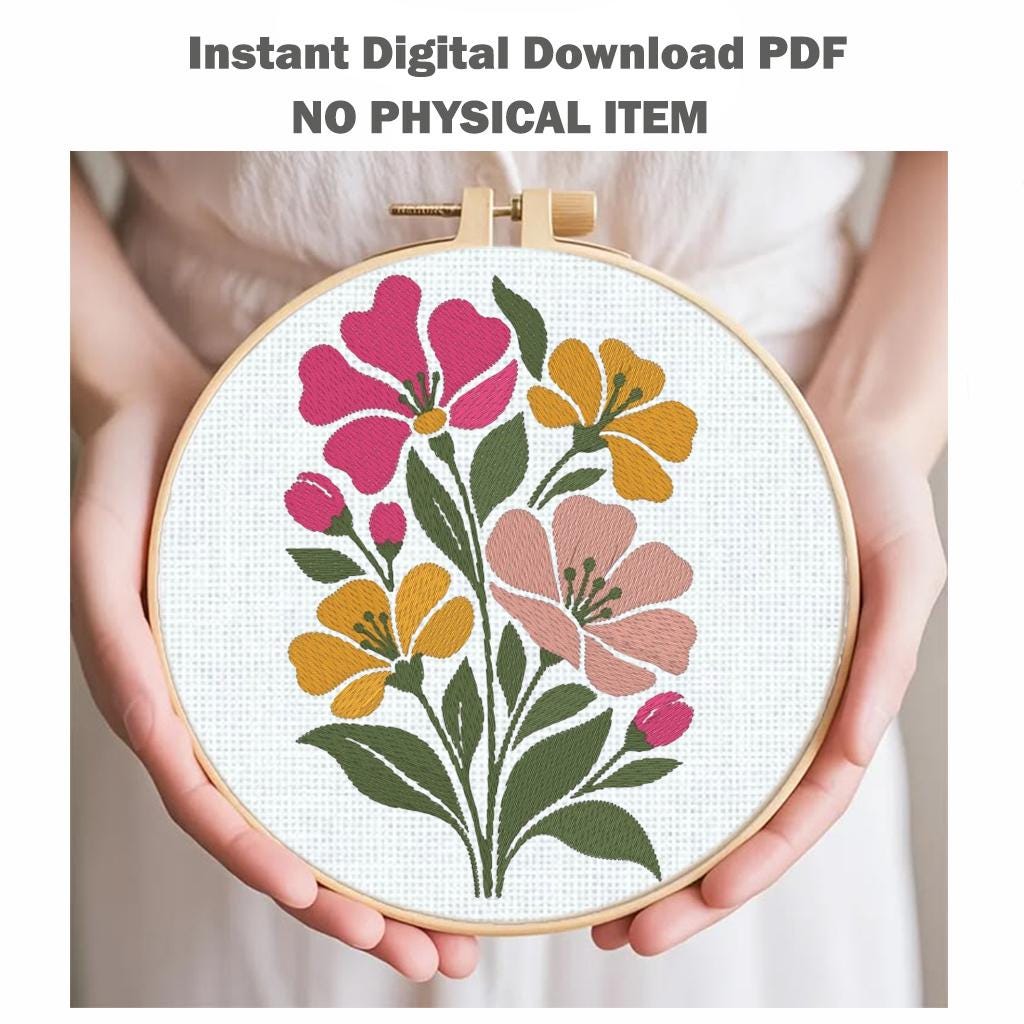 Wildflower Machine Embroidery Design, Pink Yellow Floral Bouquet, Minimalist Boho Spring Flowers PES DST JEF, Instant Download - NuttyHappyHobby