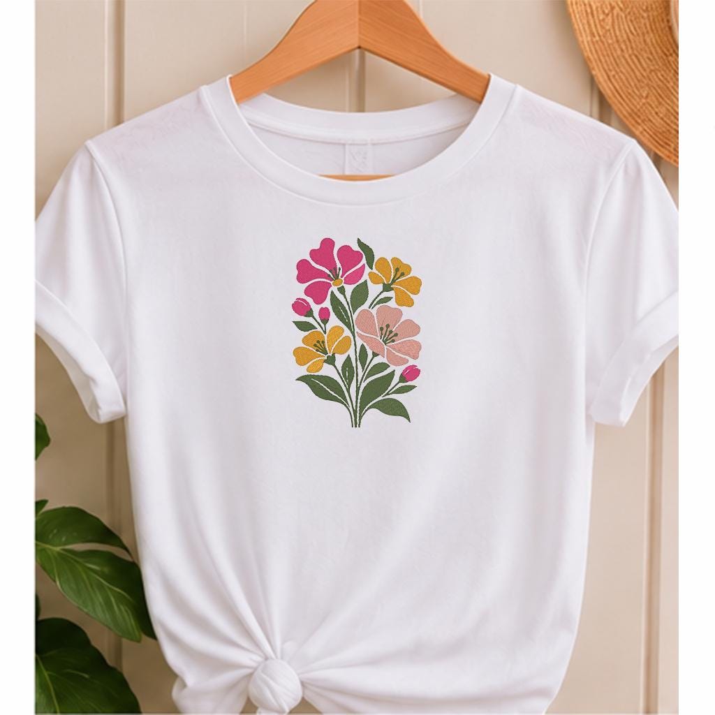Wildflower Machine Embroidery Design, Pink Yellow Floral Bouquet, Minimalist Boho Spring Flowers PES DST JEF, Instant Download - NuttyHappyHobby