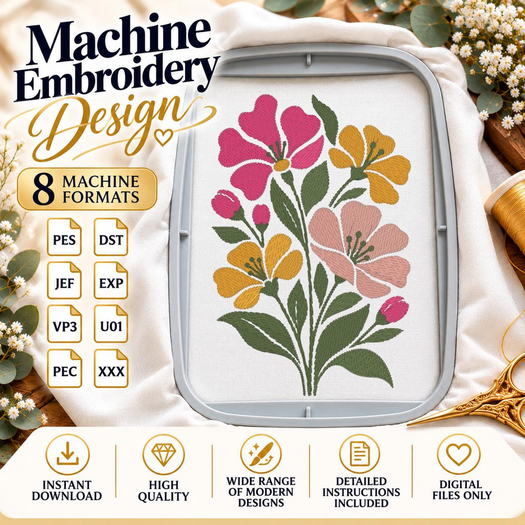 Wildflower Machine Embroidery Design, Pink Yellow Floral Bouquet, Minimalist Boho Spring Flowers PES DST JEF, Instant Download - NuttyHappyHobby