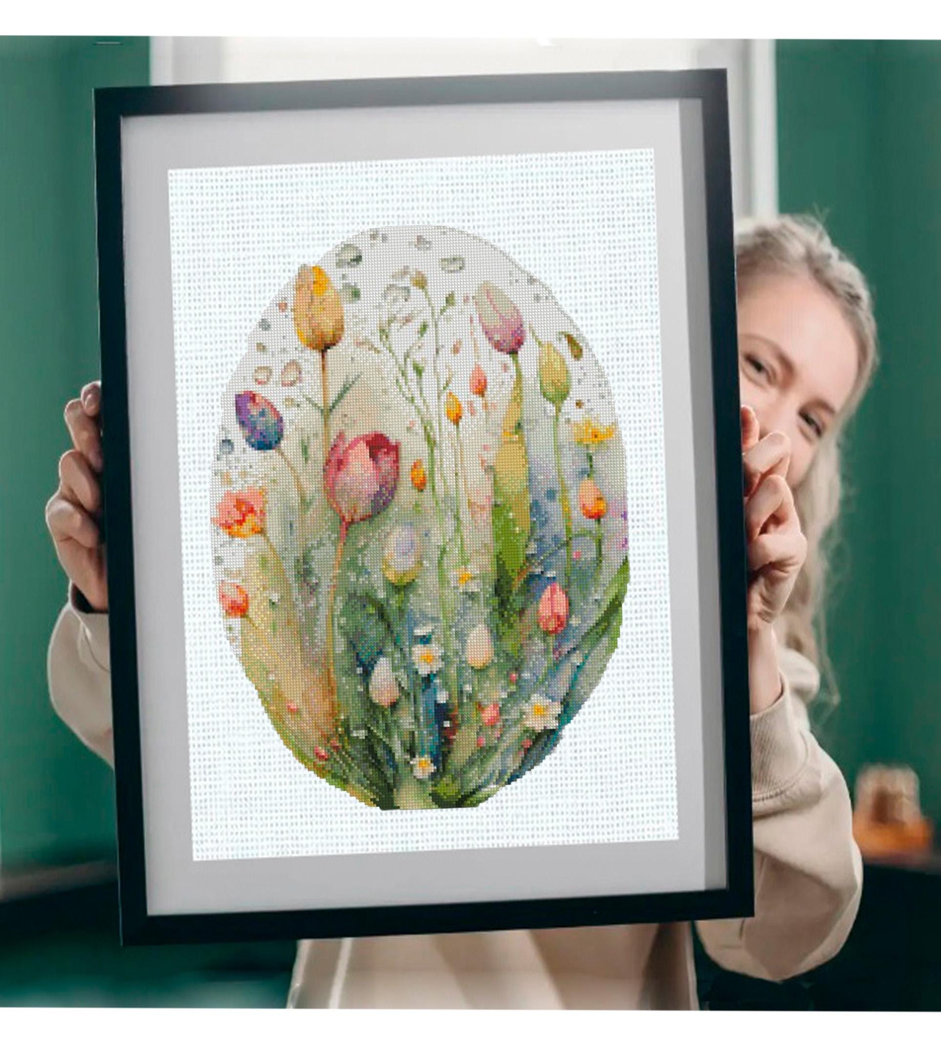Wildflower Meadow Cross Stitch Pattern PDF, Oval Hoop Floral Embroidery Chart, Watercolor Botanical Design, Instant Download Wall Art - NuttyHappyHobby
