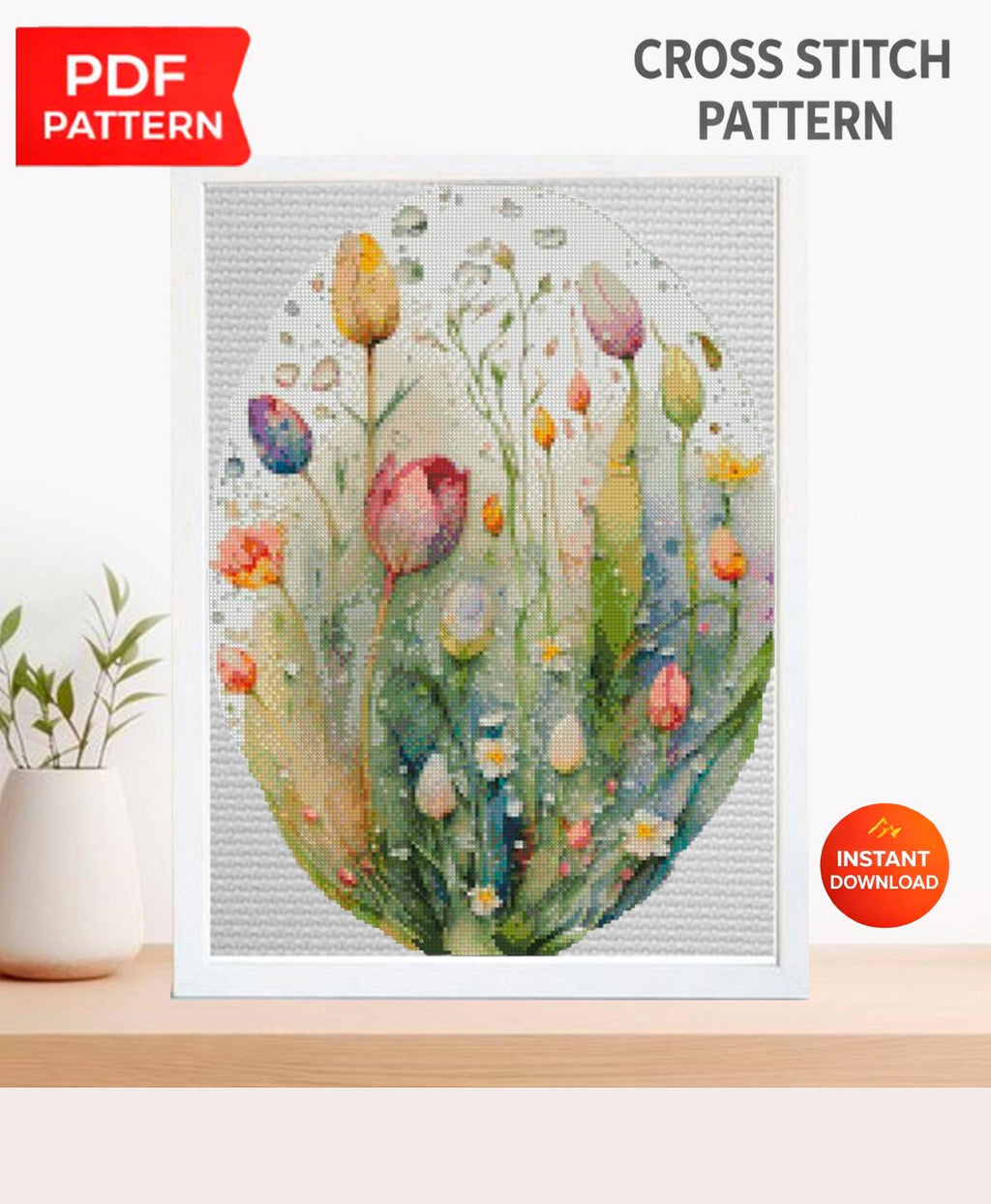 Wildflower Meadow Cross Stitch Pattern PDF, Oval Hoop Floral Embroidery Chart, Watercolor Botanical Design, Instant Download Wall Art - NuttyHappyHobby