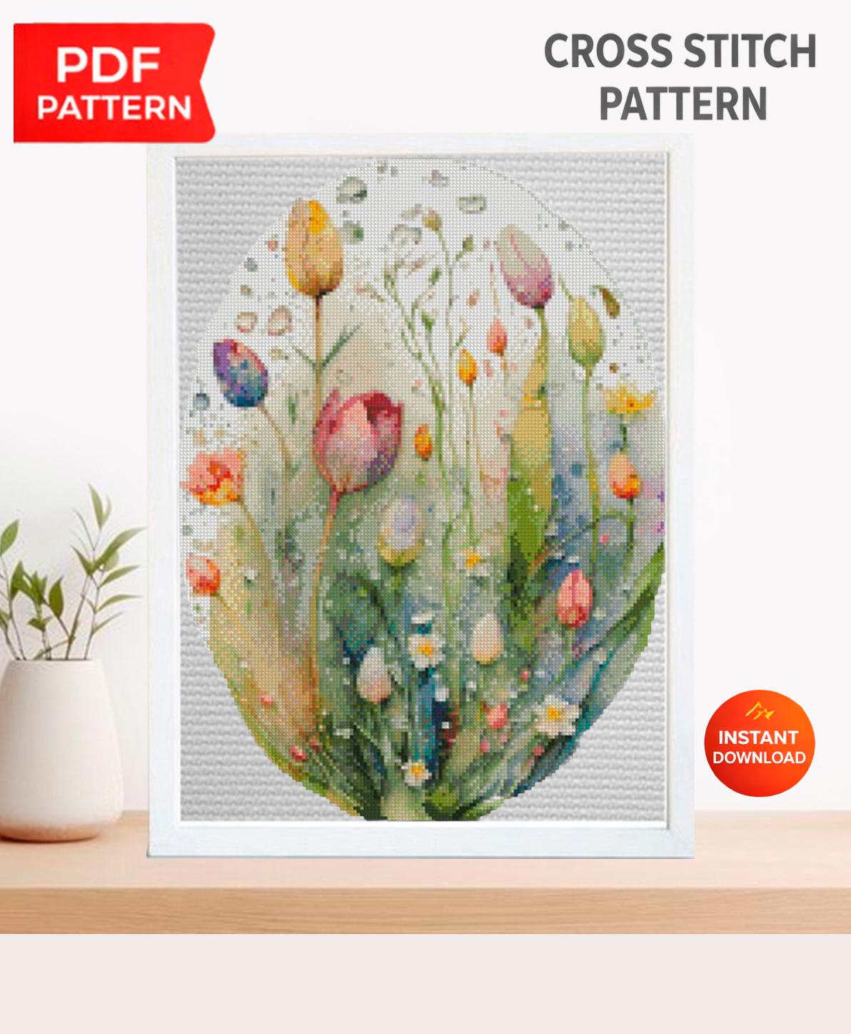 Wildflower Meadow Cross Stitch Pattern PDF, Oval Hoop Floral Embroidery Chart, Watercolor Botanical Design, Instant Download Wall Art - NuttyHappyHobby