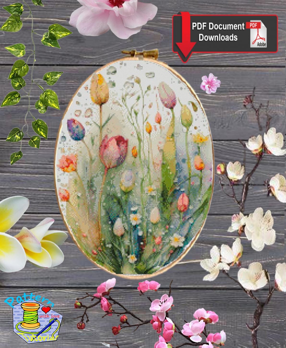 Wildflower Meadow Cross Stitch Pattern PDF, Oval Hoop Floral Embroidery Chart, Watercolor Botanical Design, Instant Download Wall Art - NuttyHappyHobby