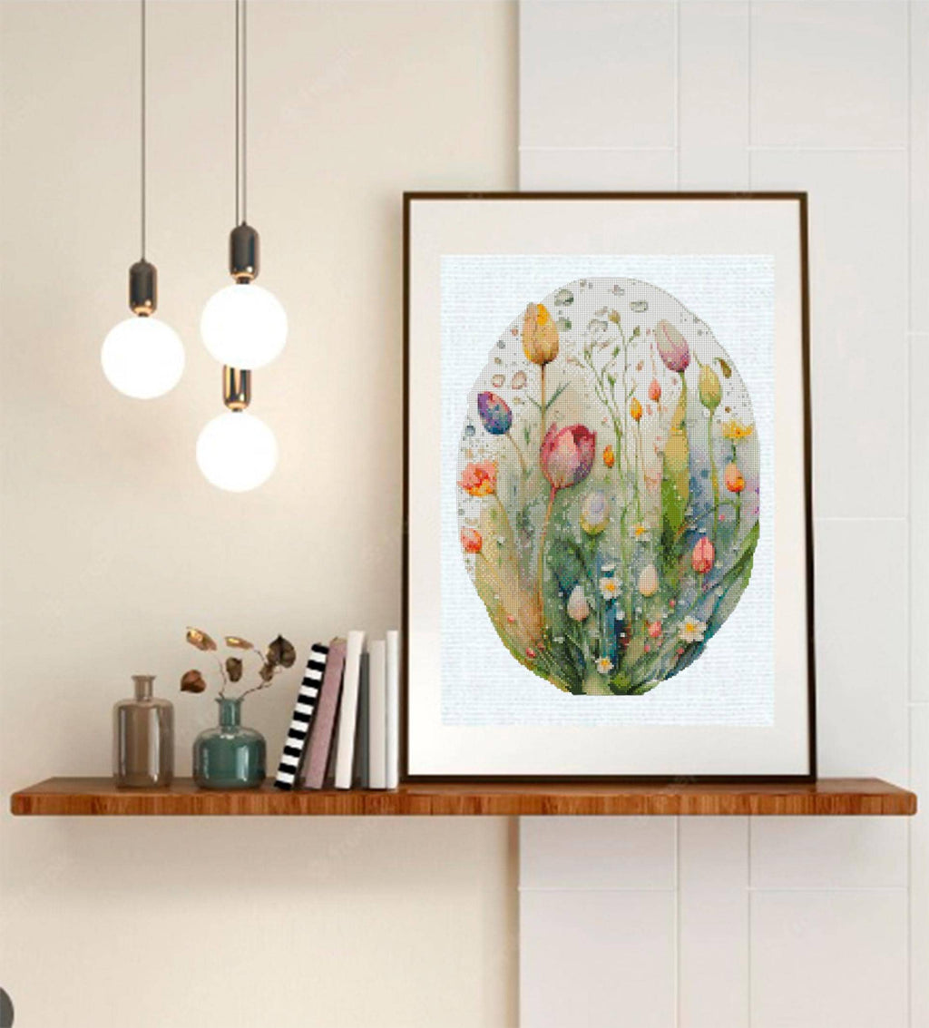 Wildflower Meadow Cross Stitch Pattern PDF, Oval Hoop Floral Embroidery Chart, Watercolor Botanical Design, Instant Download Wall Art - NuttyHappyHobby