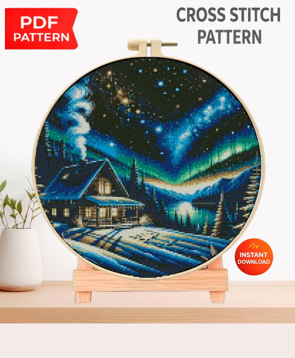 Winter Cabin Cross Stitch Pattern PDF, Northern Lights Landscape Embroidery Design, Aurora Borealis Needlework Chart, Winter Night Scene - NuttyHappyHobby