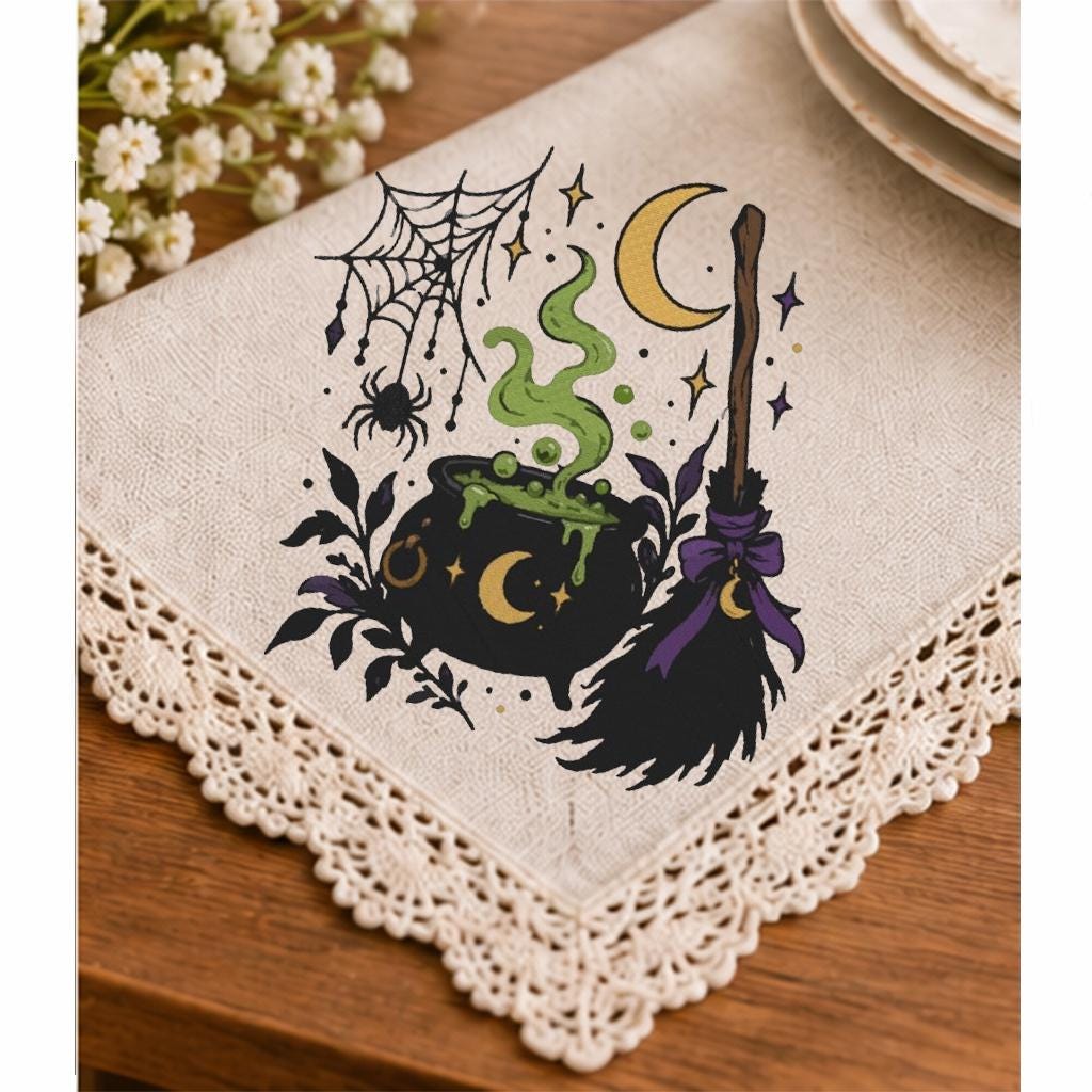 Witch Cauldron Machine Embroidery Design, Halloween Magic Potion Broom Spider Web, Gothic Witch PES DST JEF, Instant Download - NuttyHappyHobby