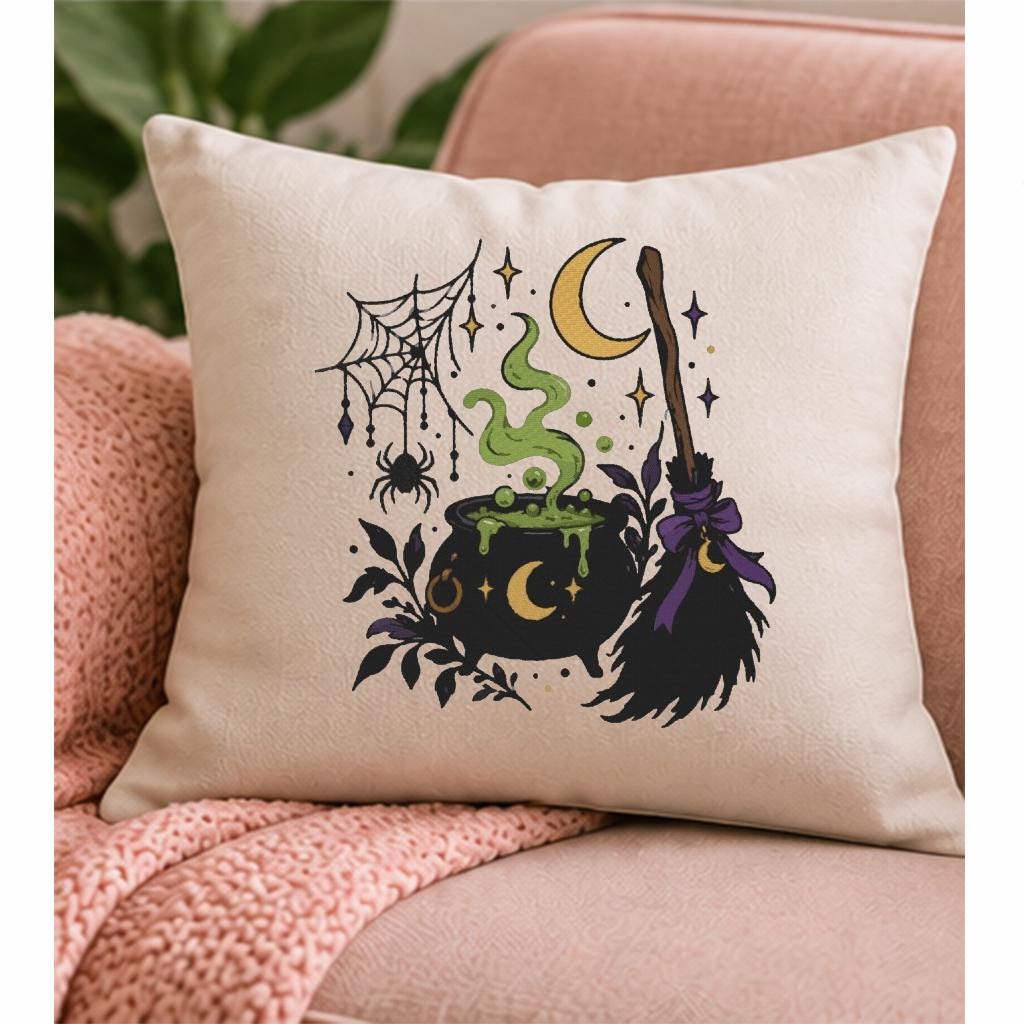 Witch Cauldron Machine Embroidery Design, Halloween Magic Potion Broom Spider Web, Gothic Witch PES DST JEF, Instant Download - NuttyHappyHobby