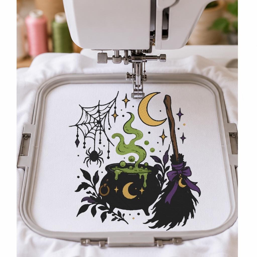 Witch Cauldron Machine Embroidery Design, Halloween Magic Potion Broom Spider Web, Gothic Witch PES DST JEF, Instant Download - NuttyHappyHobby