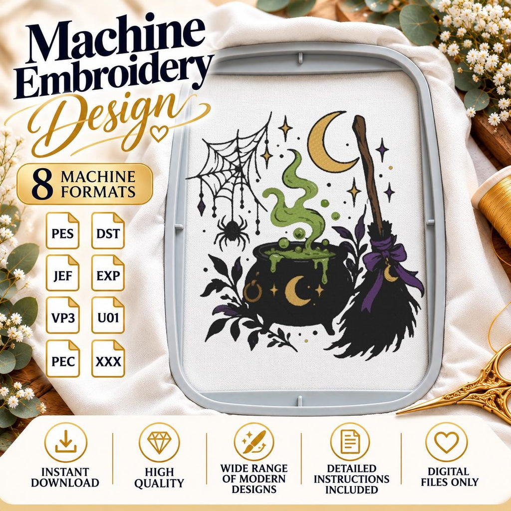 Witch Cauldron Machine Embroidery Design, Halloween Magic Potion Broom Spider Web, Gothic Witch PES DST JEF, Instant Download - NuttyHappyHobby