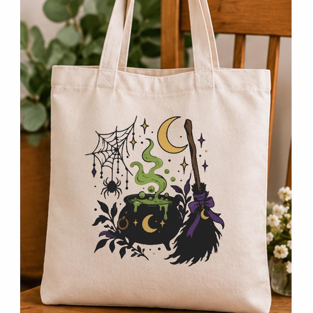 Witch Cauldron Machine Embroidery Design, Halloween Magic Potion Broom Spider Web, Gothic Witch PES DST JEF, Instant Download - NuttyHappyHobby