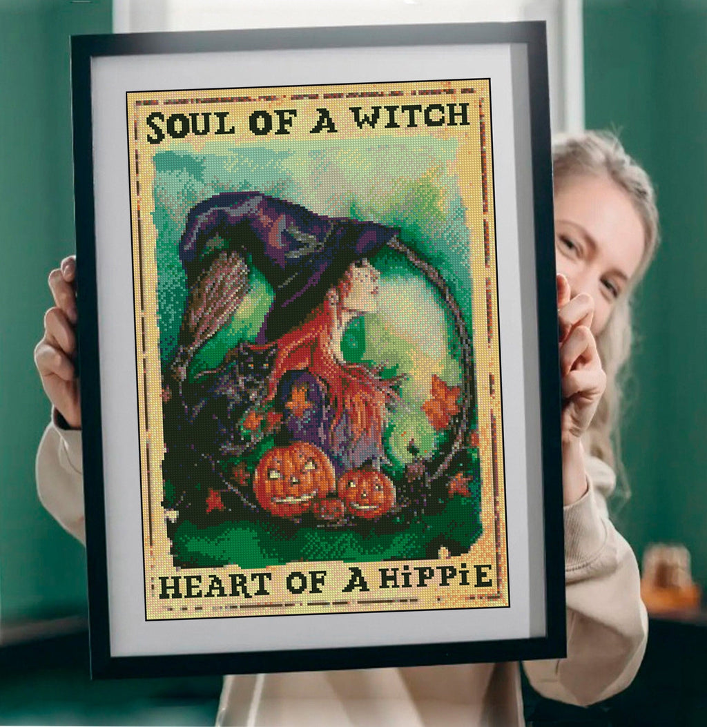 Witch Cross Stitch Pattern PDF, Soul of a Witch Embroidery Design, Gothic Halloween Cross Stitch, Witch Aesthetic Decor, Instant Download - NuttyHappyHobby