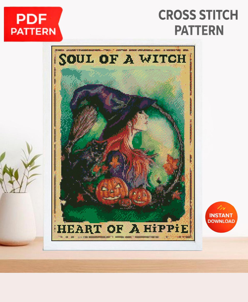 Witch Cross Stitch Pattern PDF, Soul of a Witch Embroidery Design, Gothic Halloween Cross Stitch, Witch Aesthetic Decor, Instant Download - NuttyHappyHobby
