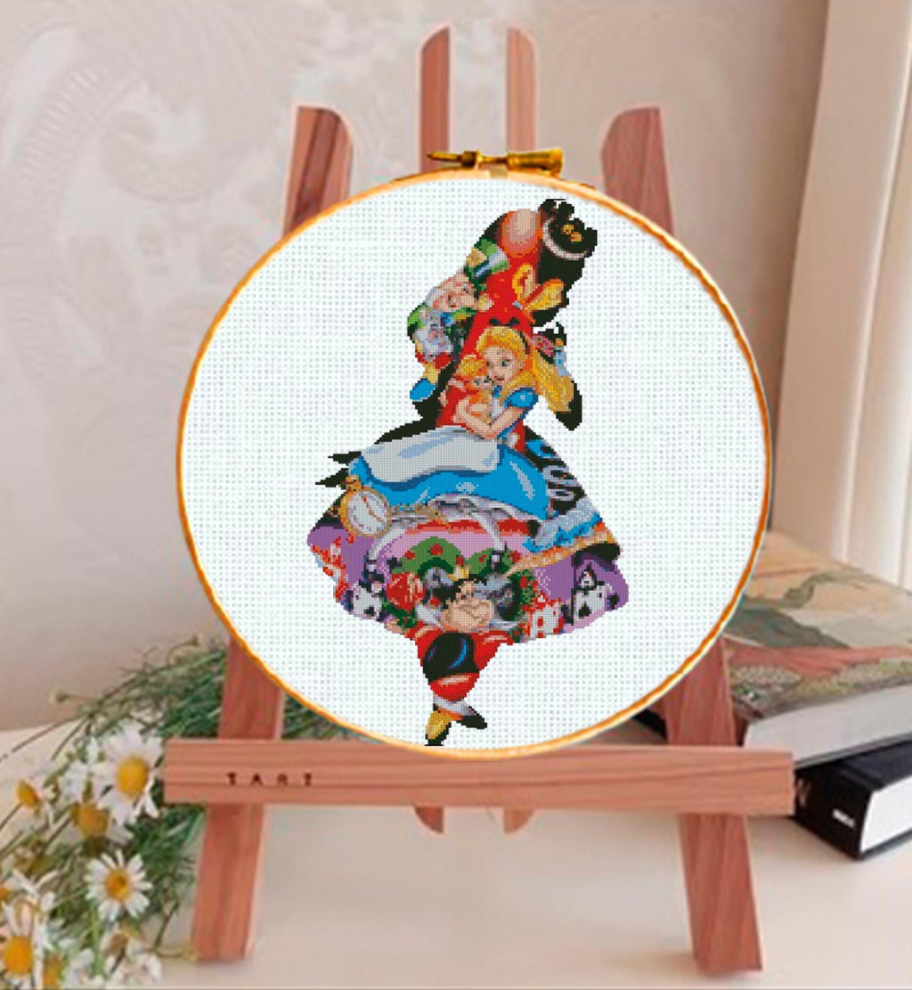 Wonderland Girl Cross Stitch Pattern PDF, Fantasy Story Character Embroidery Design, Whimsical Tea Party Inspired Needlework, 90s cartoons - NuttyHappyHobby