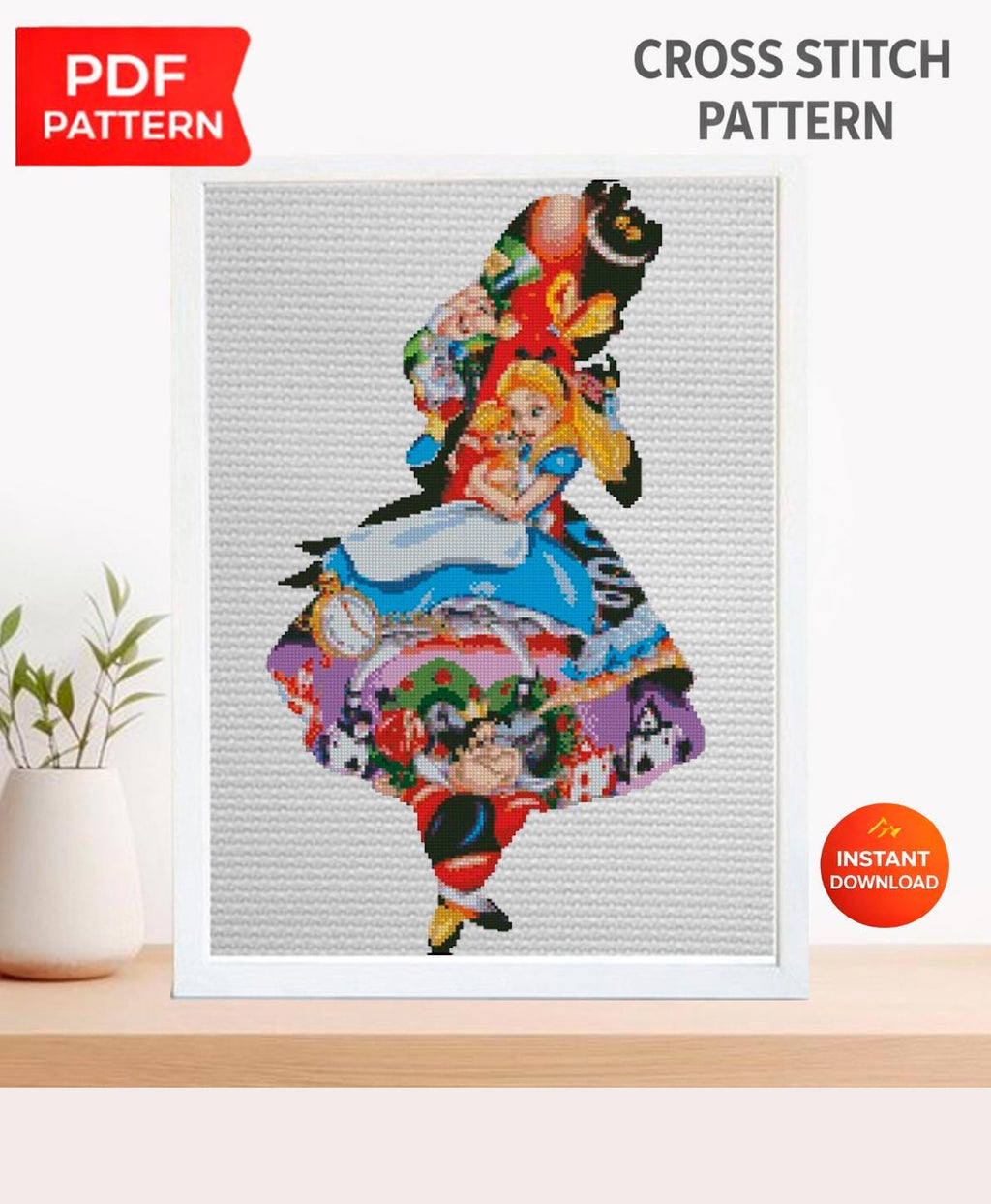 Wonderland Girl Cross Stitch Pattern PDF, Fantasy Story Character Embroidery Design, Whimsical Tea Party Inspired Needlework, 90s cartoons - NuttyHappyHobby