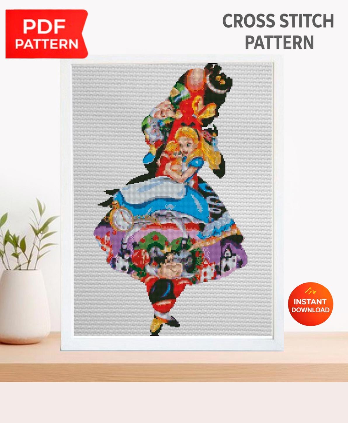 Wonderland Girl Cross Stitch Pattern PDF, Fantasy Story Character Embroidery Design, Whimsical Tea Party Inspired Needlework, 90s cartoons - NuttyHappyHobby