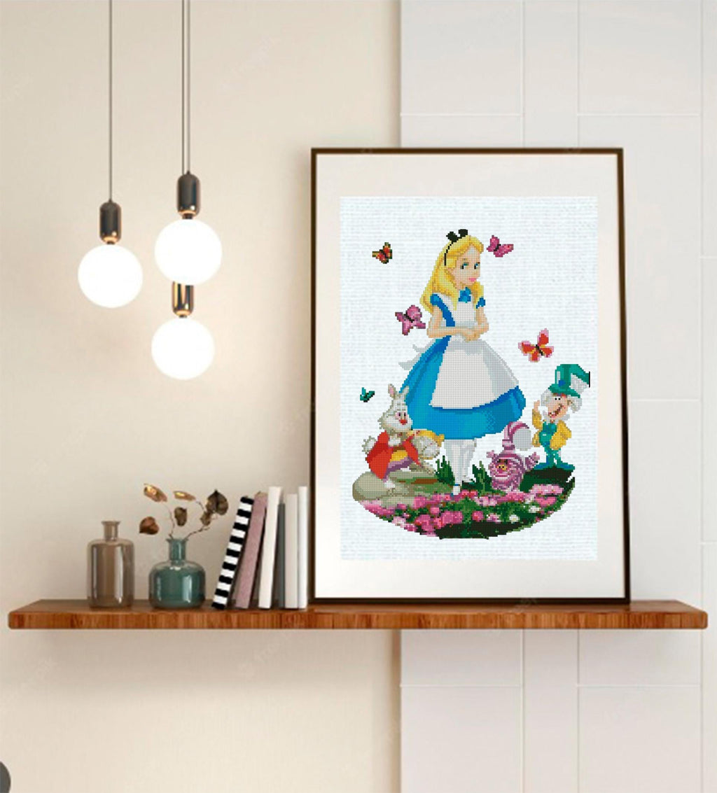 Wonderland Girl Cross Stitch Pattern PDF, Fantasy Tea Party Embroidery Design, Storybook Girl Needlework, Whimsical Garden Stitch, 90s - NuttyHappyHobby