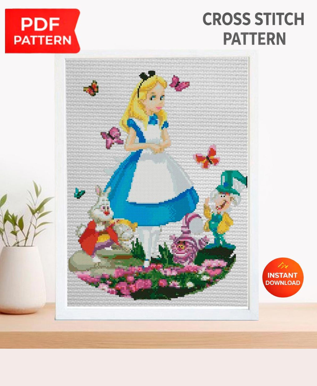 Wonderland Girl Cross Stitch Pattern PDF, Fantasy Tea Party Embroidery Design, Storybook Girl Needlework, Whimsical Garden Stitch, 90s - NuttyHappyHobby