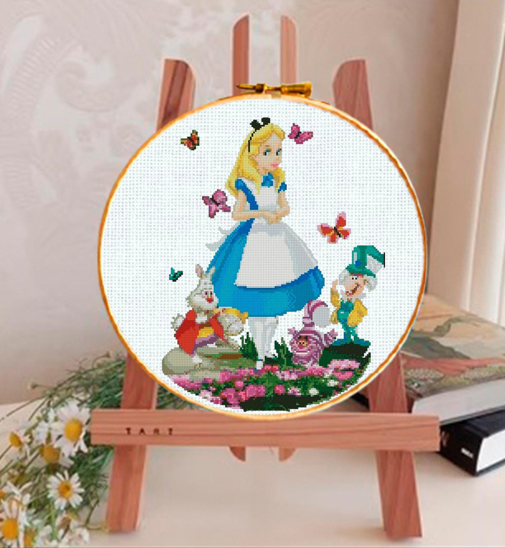 Wonderland Girl Cross Stitch Pattern PDF, Fantasy Tea Party Embroidery Design, Storybook Girl Needlework, Whimsical Garden Stitch, 90s - NuttyHappyHobby