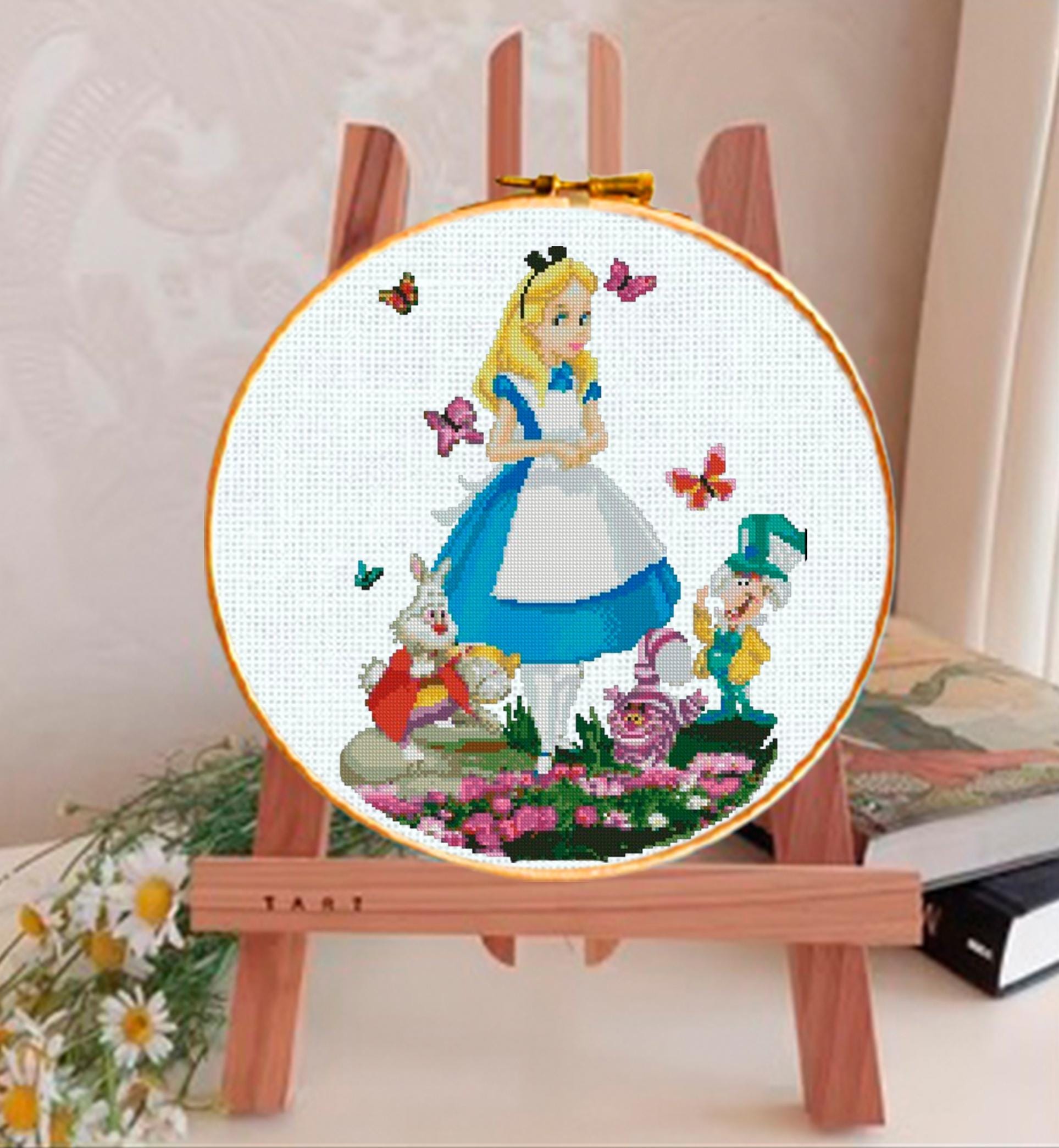 Wonderland Girl Cross Stitch Pattern PDF, Fantasy Tea Party Embroidery Design, Storybook Girl Needlework, Whimsical Garden Stitch, 90s - NuttyHappyHobby