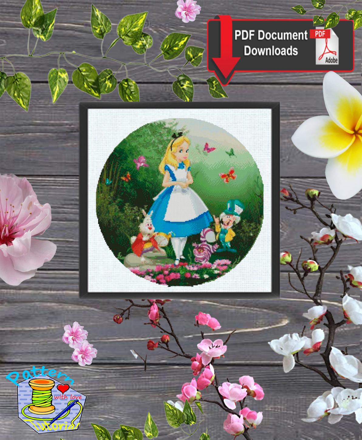 Wonderland Story Girl Cross Stitch Pattern PDF, Fantasy Tea Party Embroidery Design, Whimsical Storybook Needlework, 90s cartoons - NuttyHappyHobby