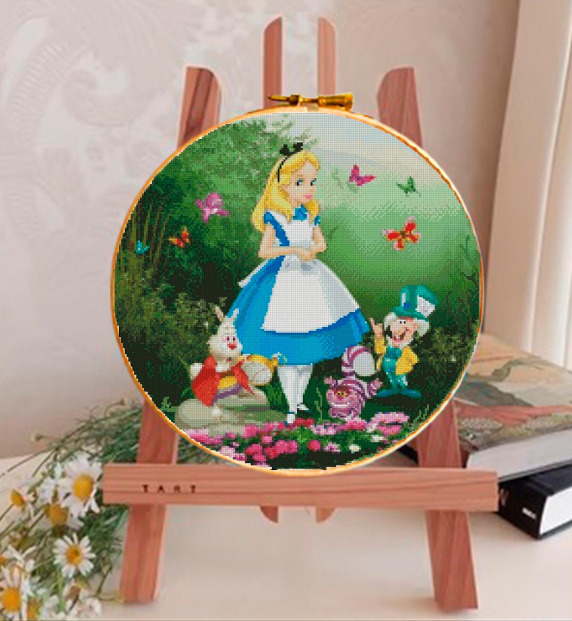 Wonderland Story Girl Cross Stitch Pattern PDF, Fantasy Tea Party Embroidery Design, Whimsical Storybook Needlework, 90s cartoons - NuttyHappyHobby