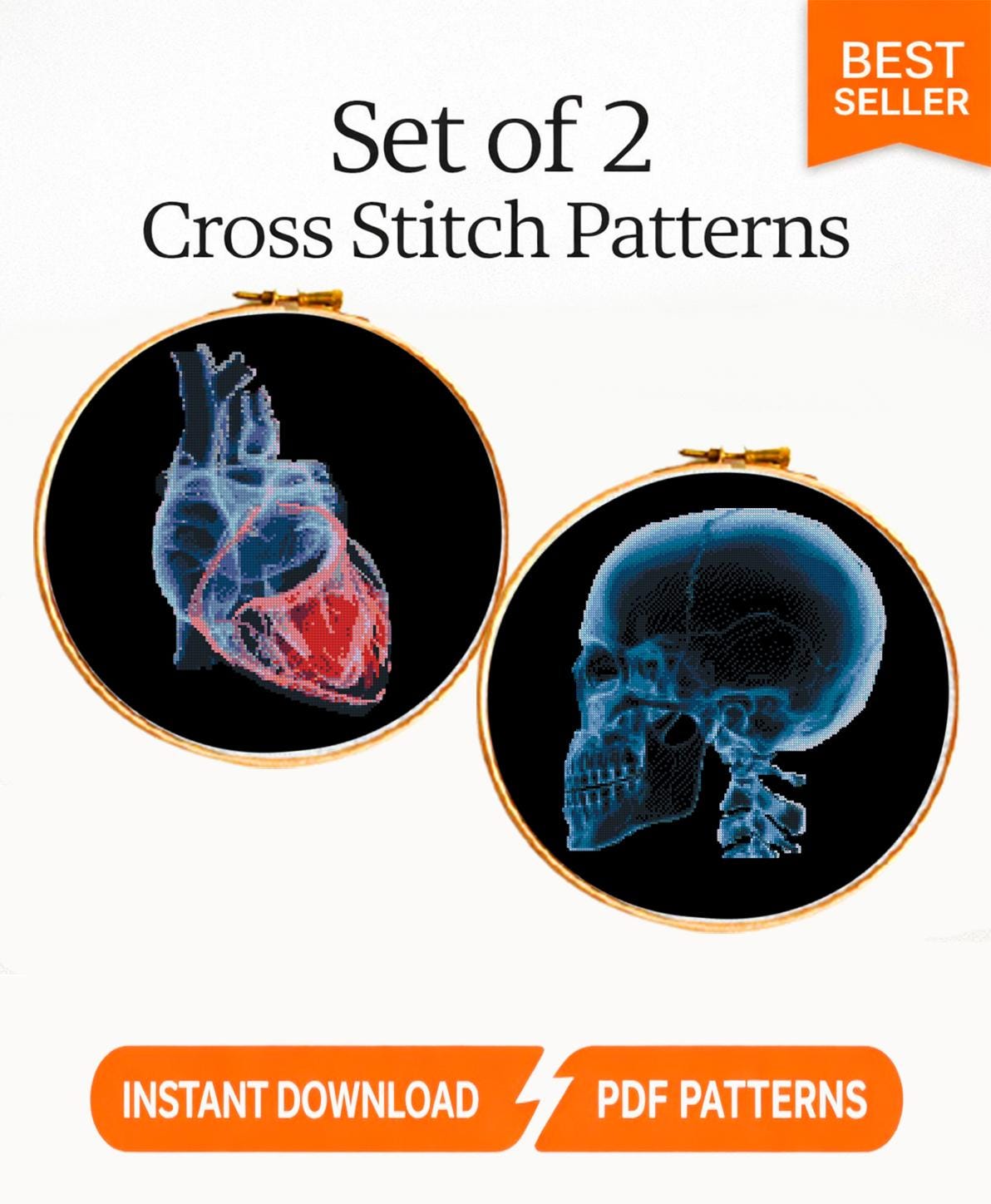 X - Ray Anatomy Cross Stitch Pattern Bundle PDF, Skull and Heart Embroidery Charts, Radiology Style Medical Art Set, Instant Download - NuttyHappyHobby
