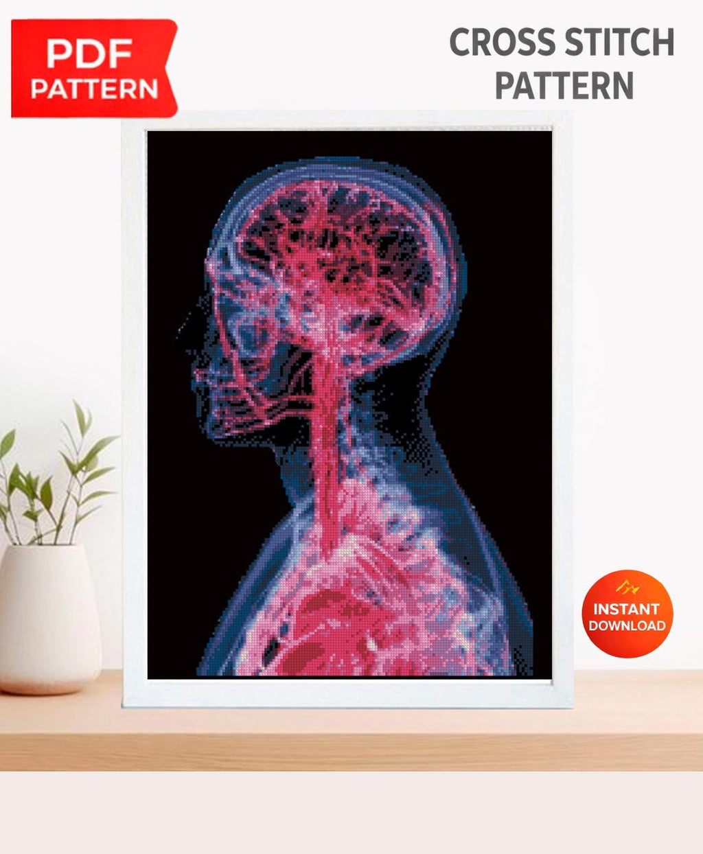 X - Ray Brain Cross Stitch Pattern PDF, Anatomical Human Head Embroidery Chart, Medical Radiology Art, Gothic Anatomy Decor, Instant Download - NuttyHappyHobby
