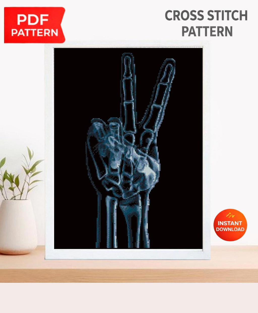 X Ray Hand Cross Stitch Pattern PDF, Peace Sign Skeleton Embroidery Design, Radiology Anatomy Art, Gothic Wall Decor Download - NuttyHappyHobby