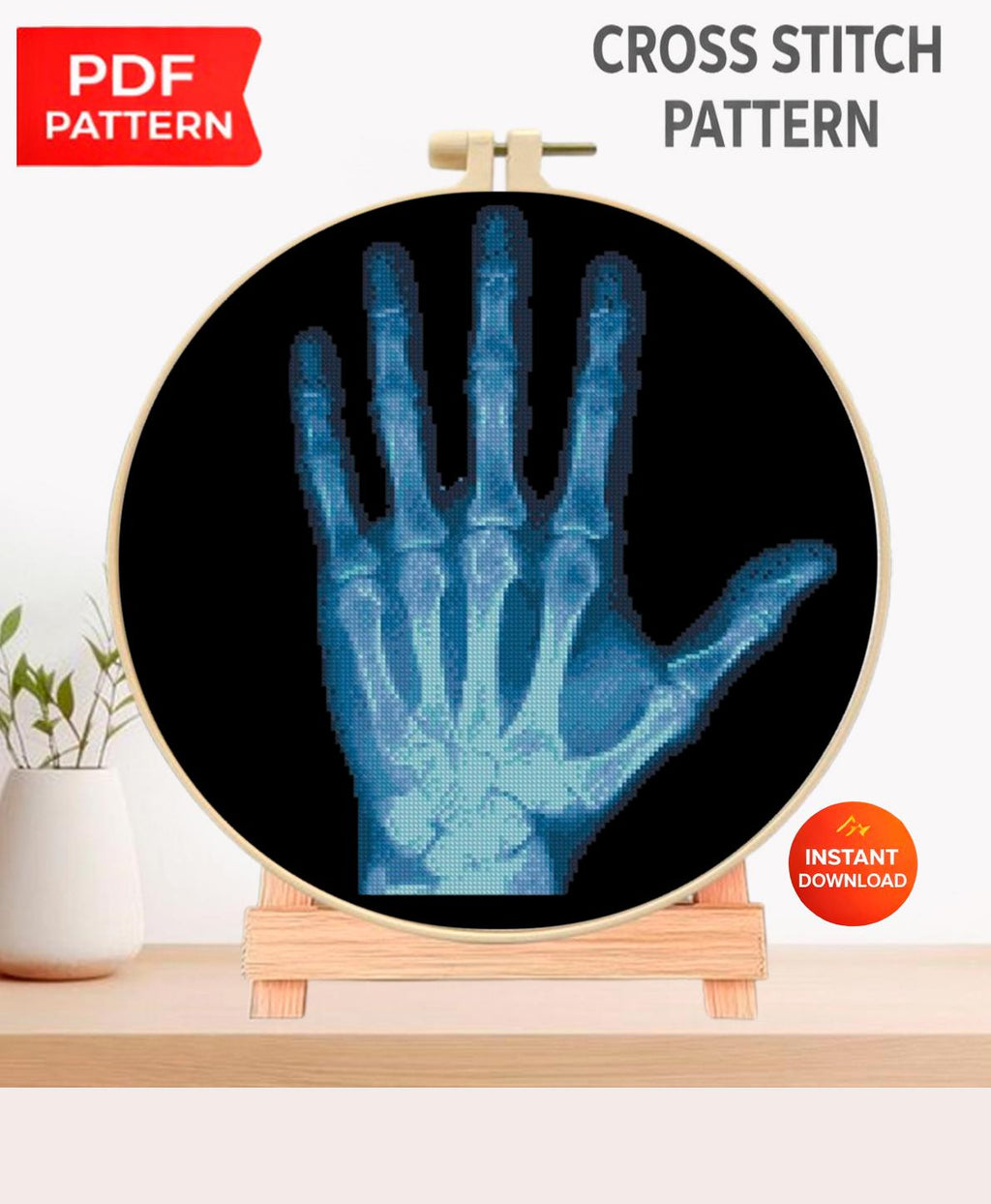 X Ray Hand Cross Stitch Pattern PDF, Skeleton Palm Anatomy Embroidery Design, Radiology Medical Wall Art Download - NuttyHappyHobby