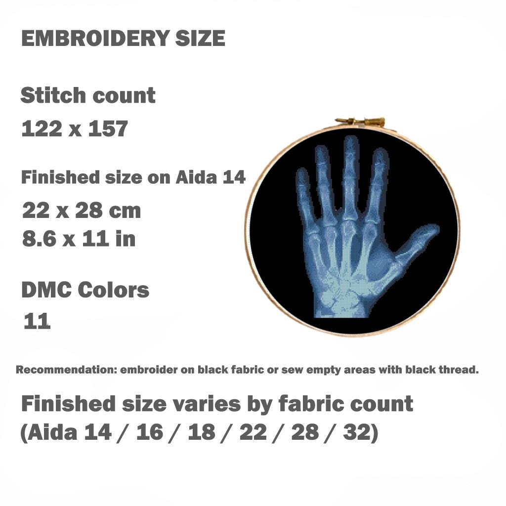 X Ray Hand Cross Stitch Pattern PDF, Skeleton Palm Anatomy Embroidery Design, Radiology Medical Wall Art Download - NuttyHappyHobby