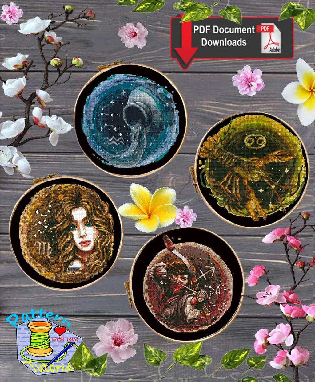 Zodiac Cross Stitch Patterns Bundle | 12 Astrology Signs Hoop Set | Celestial Horoscope PDF Charts | Modern Mini Cross Stitch Download - NuttyHappyHobby