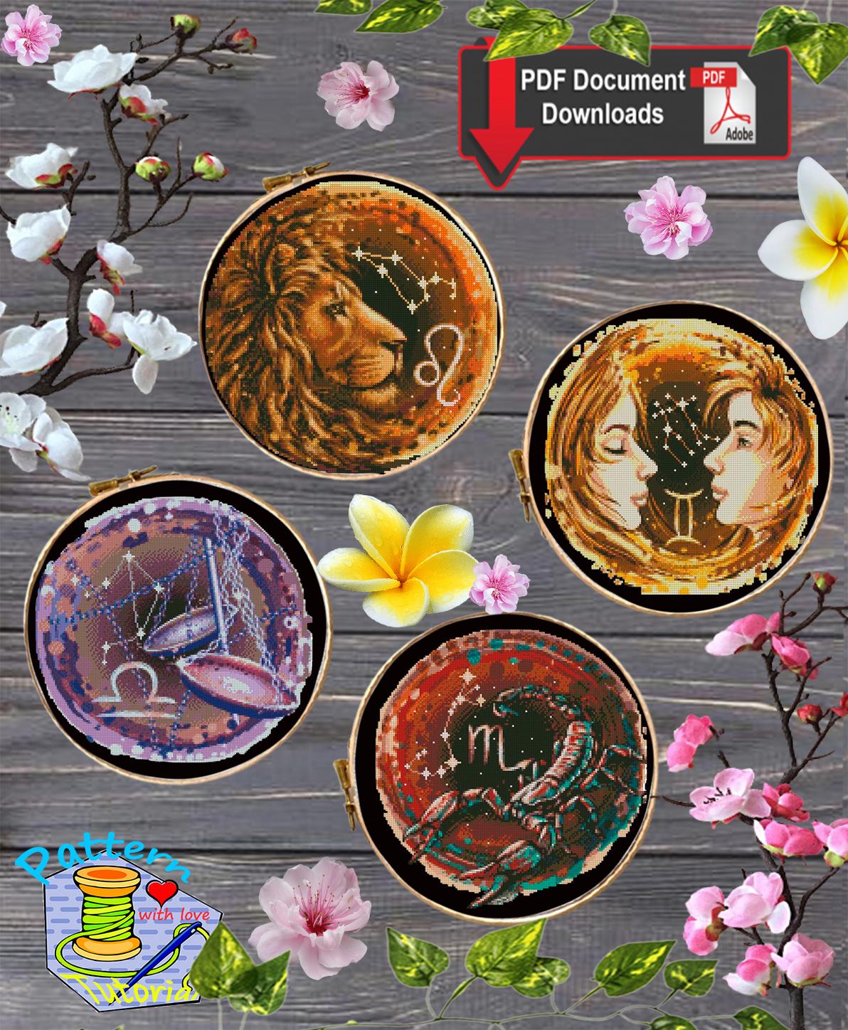 Zodiac Cross Stitch Patterns Bundle | 12 Astrology Signs Hoop Set | Celestial Horoscope PDF Charts | Modern Mini Cross Stitch Download - NuttyHappyHobby