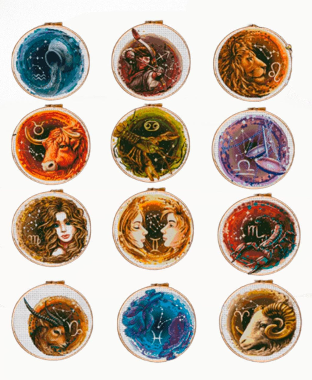 Zodiac Cross Stitch Patterns Bundle | 12 Astrology Signs Hoop Set | Celestial Horoscope PDF Charts | Modern Mini Cross Stitch Download - NuttyHappyHobby