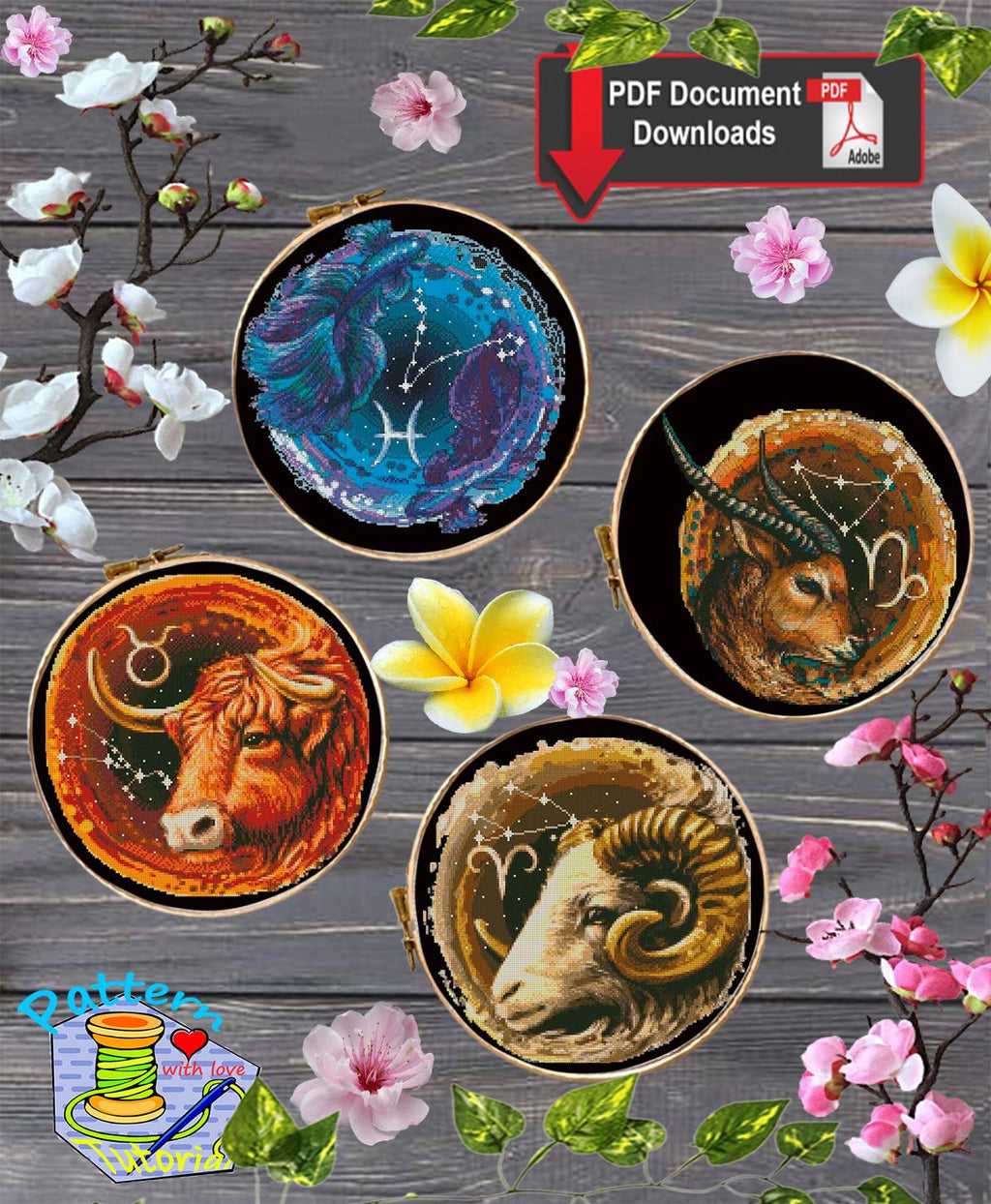 Zodiac Cross Stitch Patterns Bundle | 12 Astrology Signs Hoop Set | Celestial Horoscope PDF Charts | Modern Mini Cross Stitch Download - NuttyHappyHobby
