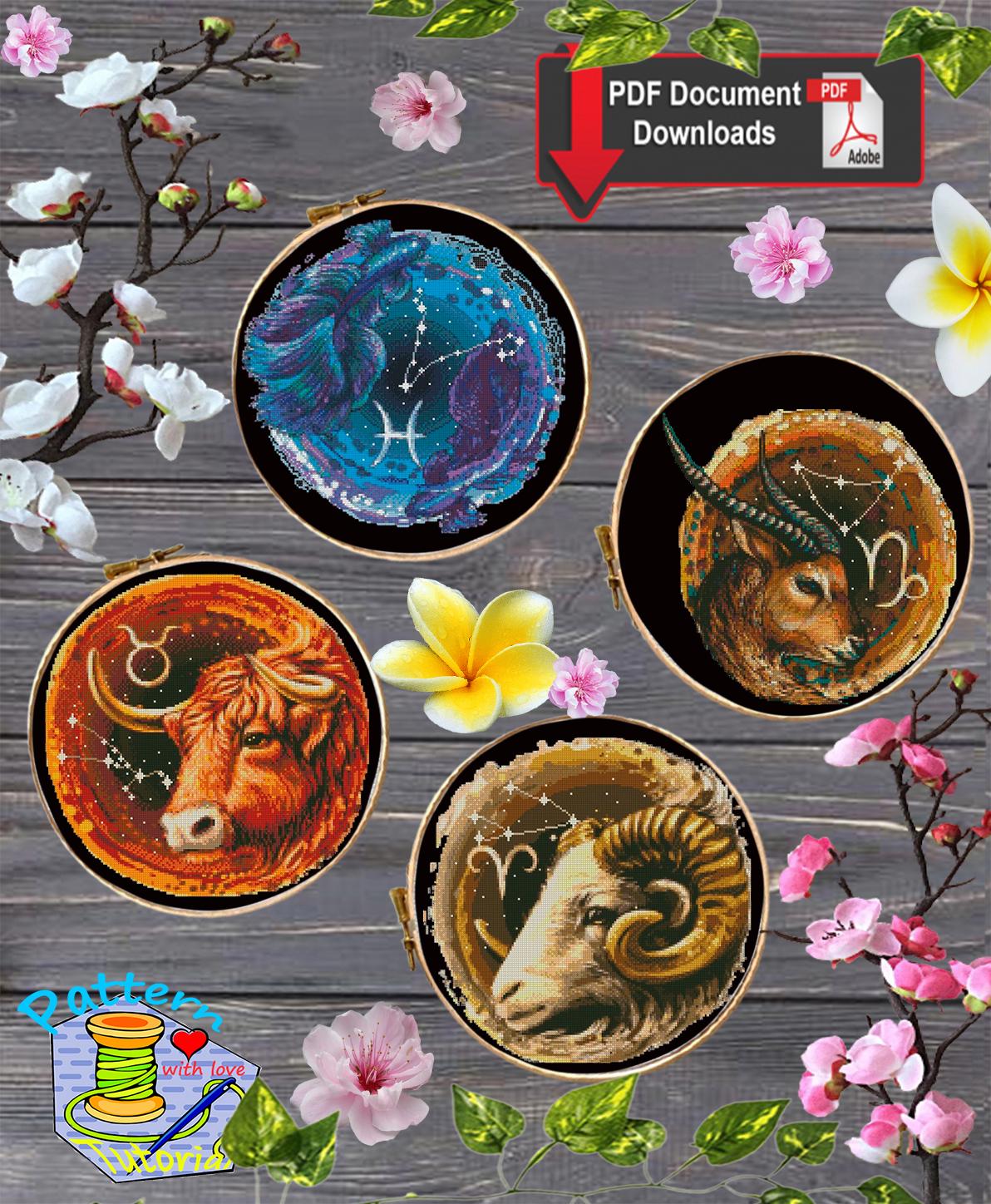 Zodiac Cross Stitch Patterns Bundle | 12 Astrology Signs Hoop Set | Celestial Horoscope PDF Charts | Modern Mini Cross Stitch Download - NuttyHappyHobby